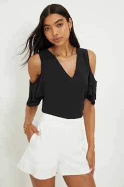Dorothy Perkins Black Cold Shoulder V Neck Blouse -Perkinsdory Store bqq10438 black xl 3