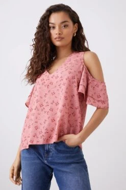 Dorothy Perkins Petite Pink Ditsy Cold Shoulder V Neck Blouse