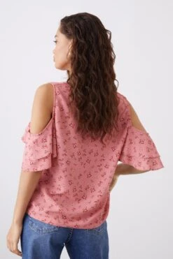 Dorothy Perkins Petite Pink Ditsy Cold Shoulder V Neck Blouse -Perkinsdory Store bqq10441 pink xl 2