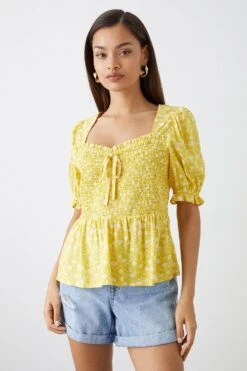 Dorothy Perkins Petite Yellow Ditsy Print Shirred Sweetheart Top