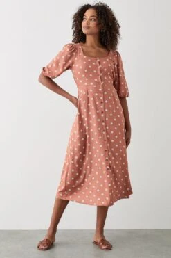 Dorothy Perkins Pink Ditsy Print Button Through Puff Sleeve Midi Dress