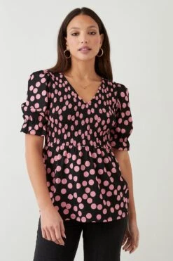 Dorothy Perkins Multi Spot V Neck Shirred Top