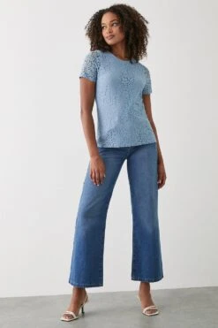 Dorothy Perkins Lace Front Short Sleeve Top -Perkinsdory Store bqq10564 blue xl 1