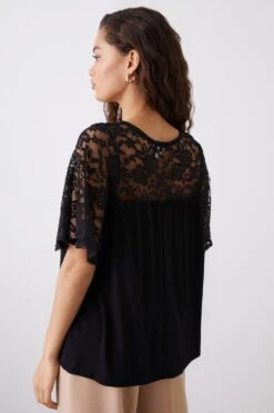 Dorothy Perkins Petite Lace Keyhole Short Sleeve Top -Perkinsdory Store bqq10592 black xl 2