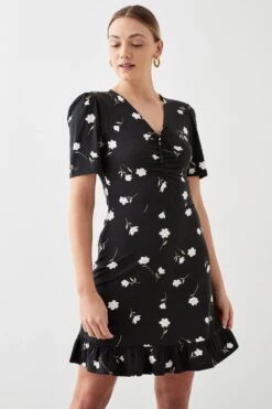 Dorothy Perkins Tall Floral Ruched Front Frill Hem Mini Dress