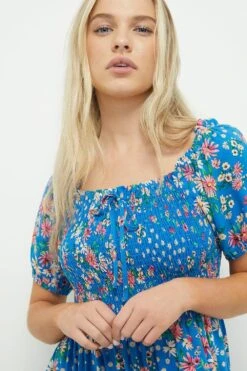 Dorothy Perkins Petite Blue Ditsy Shirred Bodice Midi Dress 7 Dorothy Perkins Petite Blue Ditsy Shirred Bodice Midi Dress -Perkinsdory Store bqq10646 blue xl 3