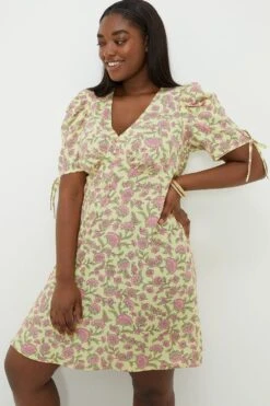 Dorothy Perkins Curve Floral Button Front Tie Sleeve Mini Dress 5 Dorothy Perkins Curve Floral Button Front Tie Sleeve Mini Dress -Perkinsdory Store bqq10689 yellow xl 1