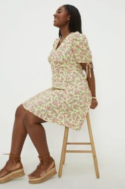 Dorothy Perkins Curve Floral Button Front Tie Sleeve Mini Dress 6 Dorothy Perkins Curve Floral Button Front Tie Sleeve Mini Dress -Perkinsdory Store bqq10689 yellow xl 2