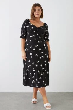 Dorothy Perkins Curve Black Floral Ruched Front Short Sleeve Midi Dress