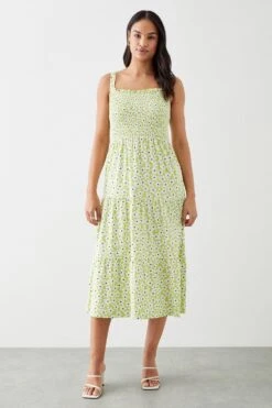 Dorothy Perkins Lime Floral Shirred Tiered Strappy Midi Dress