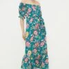 Dorothy Perkins Green Floral Button Through Bardot Midi Dress