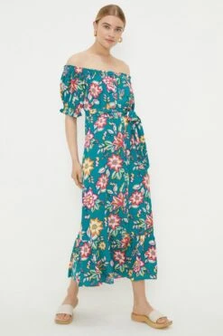Dorothy Perkins Green Floral Button Through Bardot Midi Dress