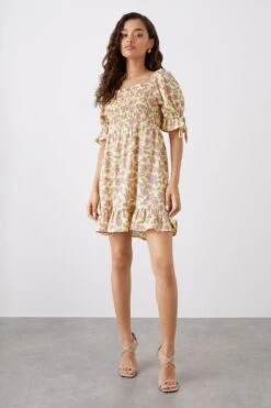 Dorothy Perkins Petite Floral Print Shirred Bodice Frill Hem Mini Dress -Perkinsdory Store bqq10789 yellow xl 3