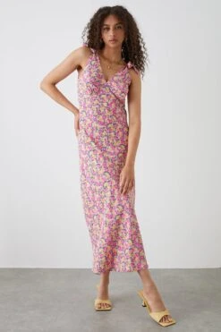 Dorothy Perkins Tall Pink Floral Print Bias Cut Tie Shoulder Midi Dress