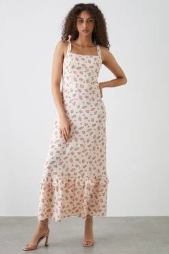 Dorothy Perkins Tall Ivory Ditsy Print Tie Shoulder Ruffle Hem Midi Drss
