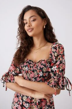 Dorothy Perkins Petite Black Floral Print Shirred Bodice Frill Hem Mini -Perkinsdory Store bqq10809 black xl 1