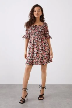 Dorothy Perkins Petite Black Floral Print Shirred Bodice Frill Hem Mini -Perkinsdory Store bqq10809 black xl 3
