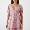 Dorothy Perkins Petite Pink Rose Print Wrap Ruffle Hem Mini Dress
