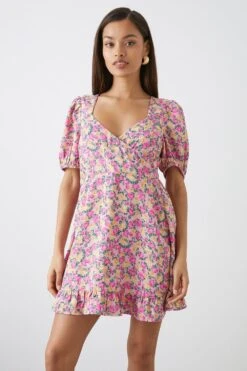 Dorothy Perkins Petite Pink Rose Print Wrap Ruffle Hem Mini Dress