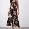 Dorothy Perkins Black Large Floral Print Shirred Tiered Tie Midi Dress
