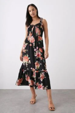 Dorothy Perkins Black Large Floral Print Shirred Tiered Tie Midi Dress