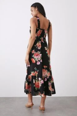 Dorothy Perkins Black Large Floral Print Shirred Tiered Tie Midi Dress -Perkinsdory Store bqq10818 black xl 2