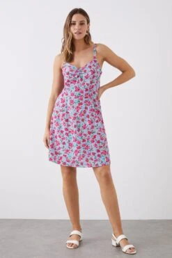 Dorothy Perkins Blue Floral Print V Neck Mini Dress