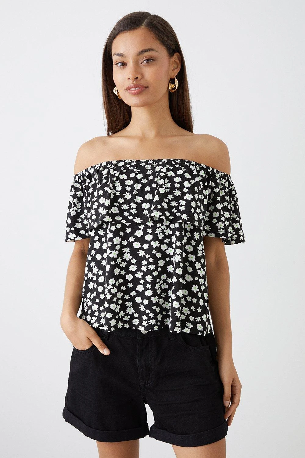 Dorothy Perkins Petite Double Layer Printed Bardot Top 1 Dorothy Perkins Petite Double Layer Printed Bardot Top