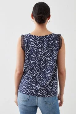 Dorothy Perkins Petite Lace Trim V Neck Printed Vest -Perkinsdory Store bqq10956 navy xl 2