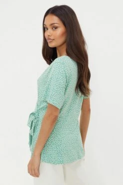 Dorothy Perkins Petite Wrap Detail Short Sleeve Printed Top -Perkinsdory Store bqq10957 green xl 2