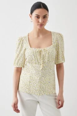 Dorothy Perkins Petite Puff Sleeve Square Neck Printed Top
