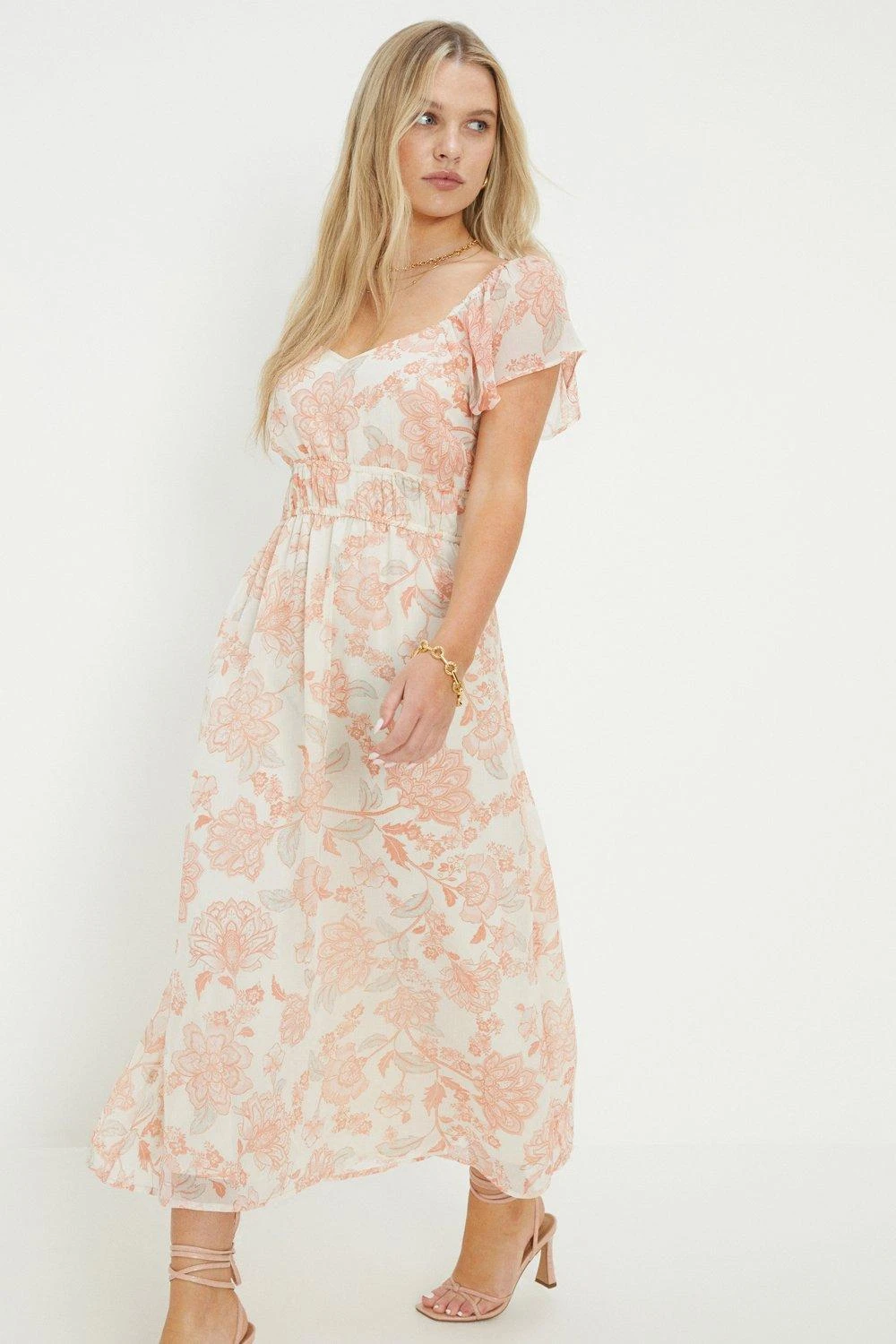 Dorothy Perkins Petite Ivory Chiffon Floral Print Flutter Sleeve Midi Dress 1 Dorothy Perkins Petite Ivory Chiffon Floral Print Flutter Sleeve Midi Dress