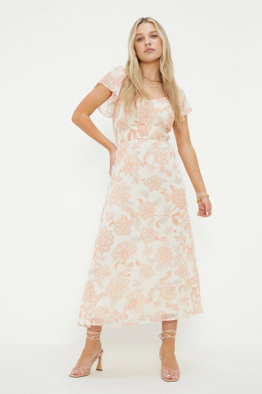 Dorothy Perkins Petite Ivory Chiffon Floral Print Flutter Sleeve Midi Dress 3 Dorothy Perkins Petite Ivory Chiffon Floral Print Flutter Sleeve Midi Dress - Image 3