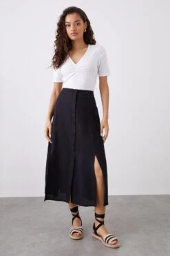 Dorothy Perkins Petite Black Button Through Midi Skirt