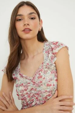 Dorothy Perkins Sweetheart Ruched Frill Sleeve Top -Perkinsdory Store bqq11060 multi xl 2