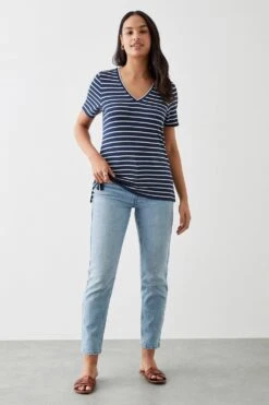 Dorothy Perkins V Neck Short Sleeve Side Split T-Shirt -Perkinsdory Store bqq11079 stripe xl 1