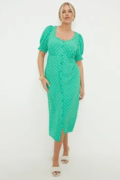 Dorothy Perkins Curve Green Spot Button Front Midi Dress