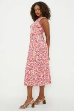 Dorothy Perkins Tall Pink Floral Twist Waist Detail Sleeveless Midi Dress