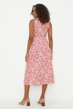 Dorothy Perkins Tall Pink Floral Twist Waist Detail Sleeveless Midi Dress -Perkinsdory Store bqq11123 pink xl 2
