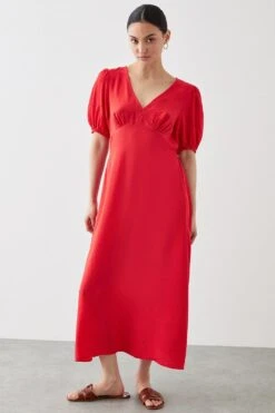 Dorothy Perkins Petite Red Puff Sleeve Midi Dress
