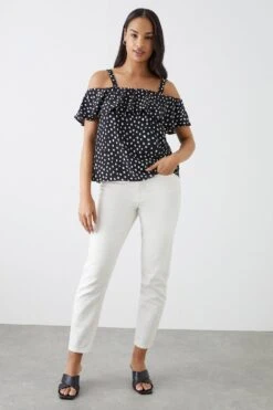 Dorothy Perkins Mono Spot Frill Neck Bardot Top