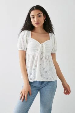 Dorothy Perkins Tie Front Broderie Jersey Top