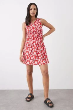 Dorothy Perkins Red Daisy Shirred Waist Wrap Mini Dress