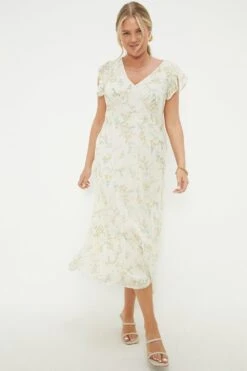 Dorothy Perkins Curve Yellow Floral Chiffon Ruffle Midaxi Dress