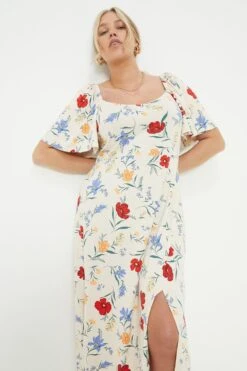 Dorothy Perkins Curve Ivory Floral Sweetheart Neck Midi Dress