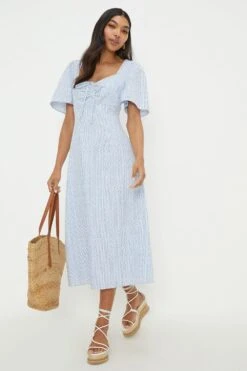 Dorothy Perkins Blue Stripe Cutwork Embroidered Midi Dress