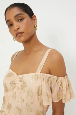 Dorothy Perkins Peach Metallic Jacquard Cold Shoulder Midi Dress -Perkinsdory Store bqq11708 peach xl 1
