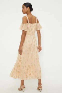 Dorothy Perkins Peach Metallic Jacquard Cold Shoulder Midi Dress -Perkinsdory Store bqq11708 peach xl 2