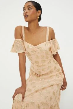 Dorothy Perkins Peach Metallic Jacquard Cold Shoulder Midi Dress -Perkinsdory Store bqq11708 peach xl 3