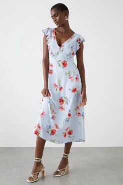 Dorothy Perkins Blue Floral Ruffle Sleeveless Midi Dress
